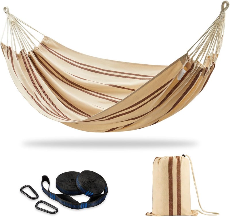 CHULIM Brazilian Double Hammock with Tree Straps,Extra Large 94x63IN,2 Persons Hammock for Backyard Patio Outdoor and Indoor,450lbs Weight Capacity,Soft Woven Cotton Fabric - Beige Brown Stripe - Image 1